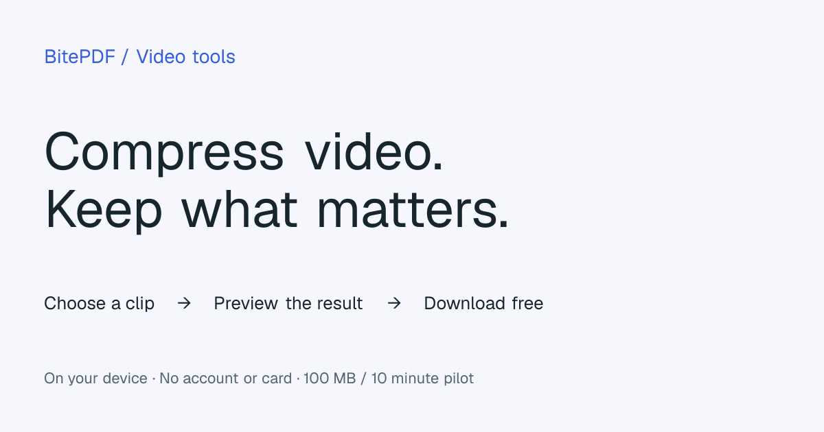 Choose a clip, preview the compressed result, then download it free. Browser pilot up to 100 MB and 10 minutes.